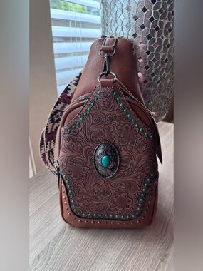Sam & Hadley Brown Tooled Leather Crossbody Sling Bag with Turquoise Accents